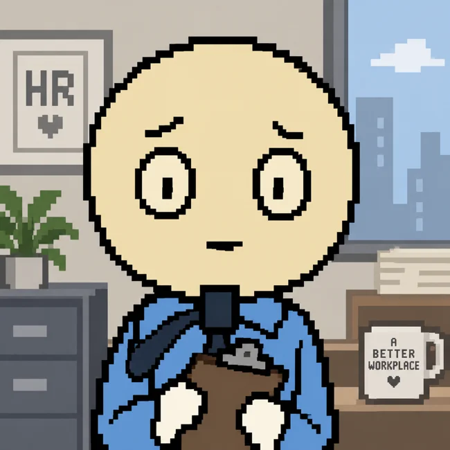 Greg from HR, a pixel character holding a clipboard in his office