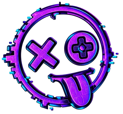 Purple and cyan Error 502 Games controller mascot