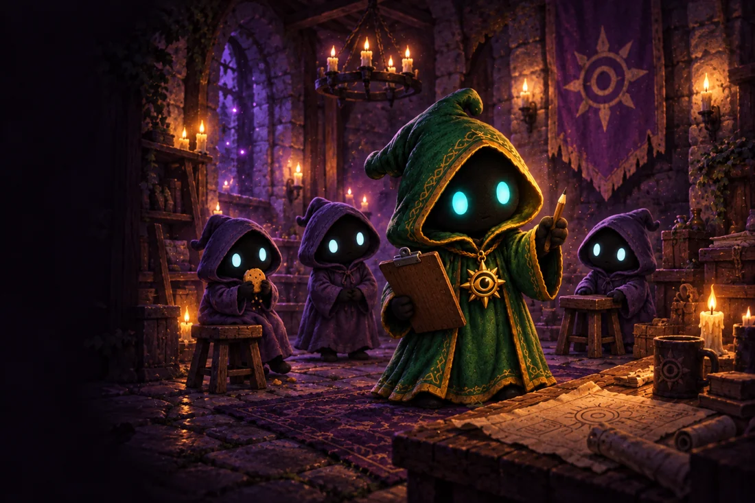 Tiny Cult leader with a clipboard and purple-robed followers in their candlelit headquarters